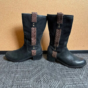 UGG Jaspan Black Brown Leather Suede Braided Riding Western Boots Size 6.5